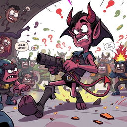 In a humorous scene, a confused devil character is depicted in a chaotic environment