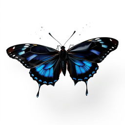 A black mariposa (butterfly) with vibrant blue accents, dramatically unraveling and almost melting, showcasing its stunningly glossy wings as they transition into delicate, fluttering particles