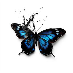 A black mariposa (butterfly) with vibrant blue accents, dramatically unraveling and almost melting, showcasing its stunningly glossy wings as they transition into delicate, fluttering particles