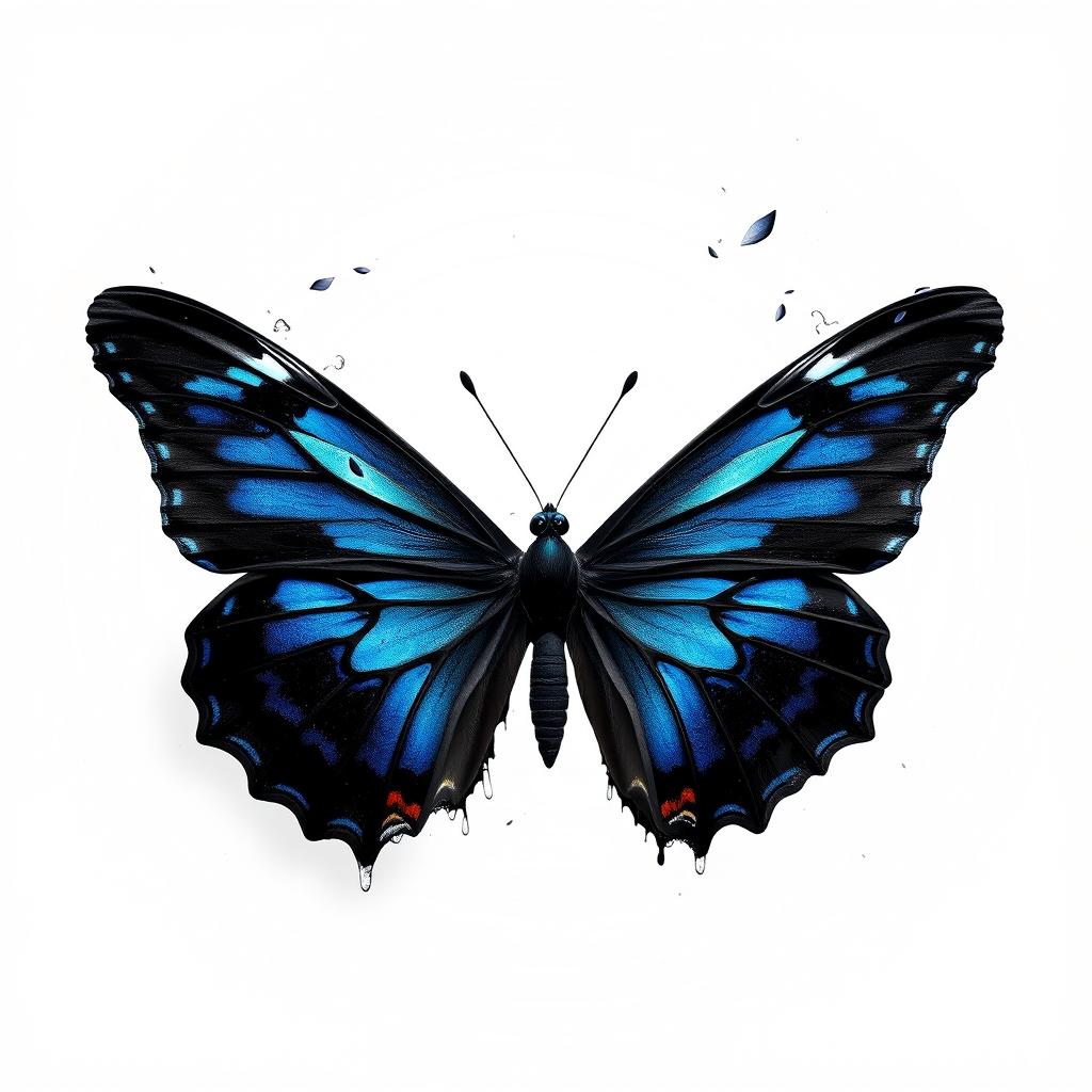 A black mariposa (butterfly) with vibrant blue accents, dramatically unraveling and almost melting, showcasing its stunningly glossy wings as they transition into delicate, fluttering particles