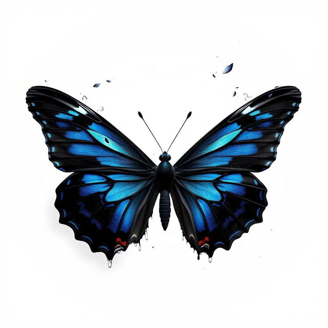 A black mariposa (butterfly) with vibrant blue accents, dramatically unraveling and almost melting, showcasing its stunningly glossy wings as they transition into delicate, fluttering particles