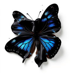 A black mariposa (butterfly) with vibrant blue accents, dramatically unraveling and almost melting, showcasing its stunningly glossy wings as they transition into delicate, fluttering particles