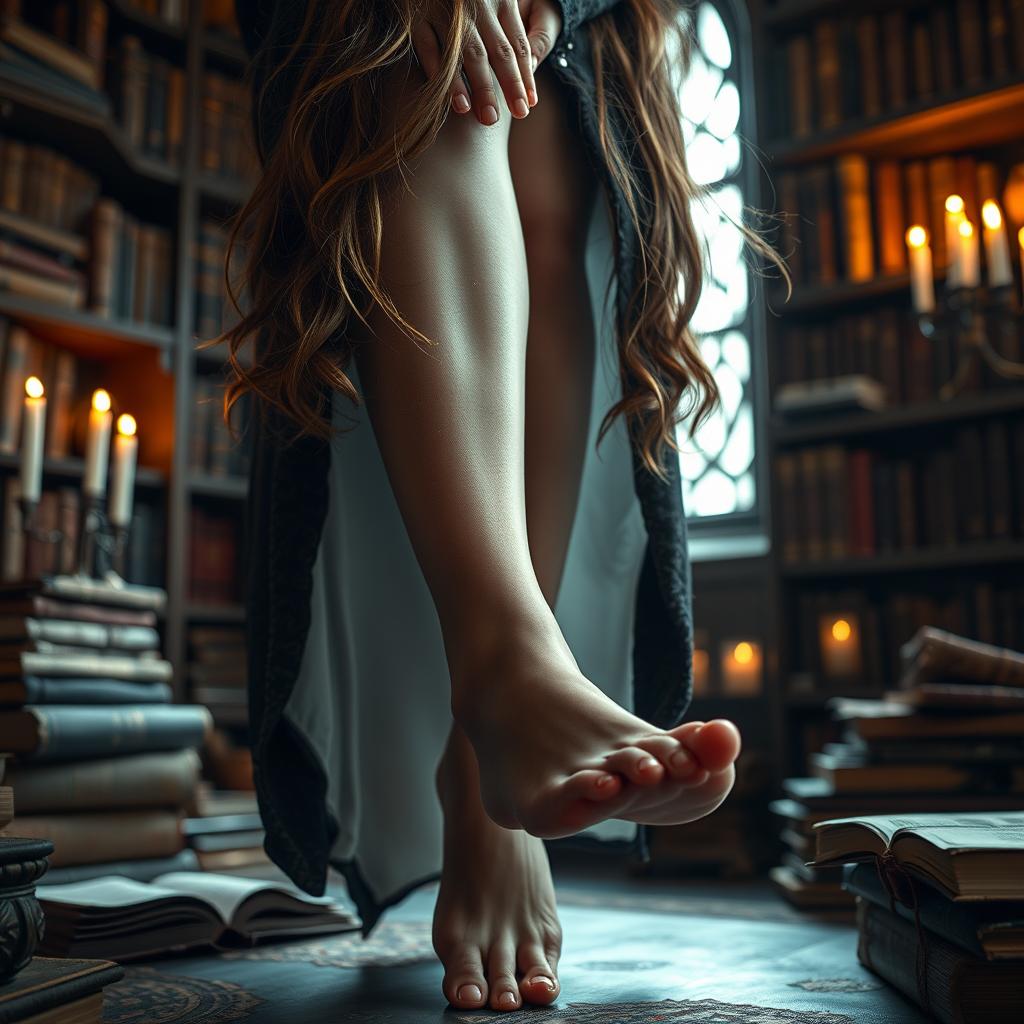A close-up portrait of a young woman resembling a fictional wizard, showcasing her feet elegantly adorned in sheer pantyhose