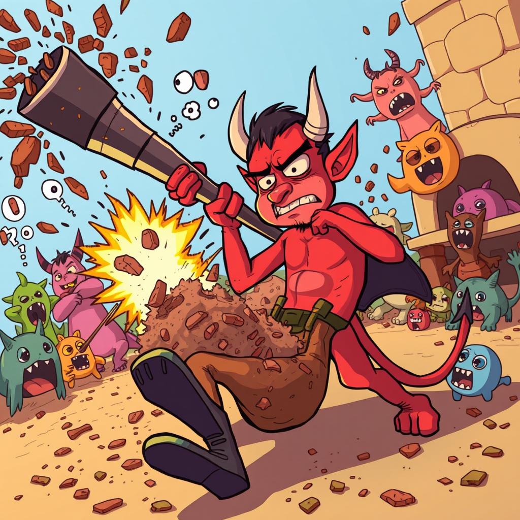 In a comedic scene, a bewildered devil character is depicted trying to handle a large, exaggerated weapon