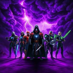 An epic scene featuring five heroes standing defiantly in front of a lone villain against a backdrop of a dramatic thunderstorm