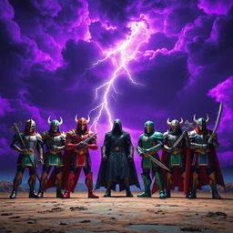 An epic scene featuring five heroes standing defiantly in front of a lone villain against a backdrop of a dramatic thunderstorm