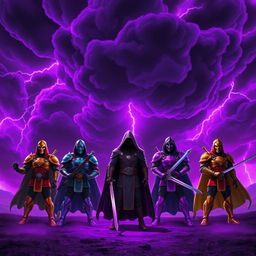 An epic scene featuring five heroes standing defiantly in front of a lone villain against a backdrop of a dramatic thunderstorm