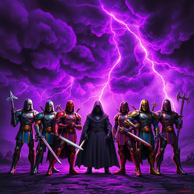 An epic scene featuring five heroes standing defiantly in front of a lone villain against a backdrop of a dramatic thunderstorm