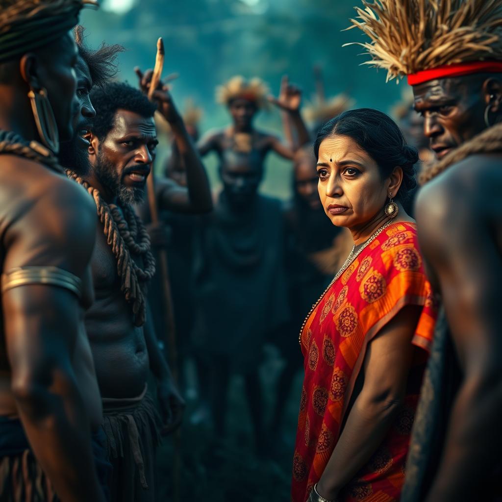 A dramatic scene depicting an Indian lady looking tired and worried, dressed in a vibrant saree, facing off against a group of angry African tribal men