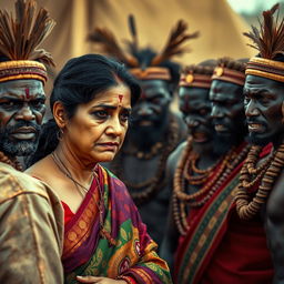 A dramatic scene depicting an Indian lady looking tired and worried, dressed in a vibrant saree, facing off against a group of angry African tribal men