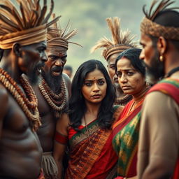 A dramatic scene depicting an Indian lady looking tired and worried, dressed in a vibrant saree, facing off against a group of angry African tribal men