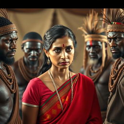 A dramatic scene depicting an Indian lady looking tired and worried, dressed in a vibrant saree, facing off against a group of angry African tribal men