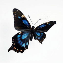 A black mariposa (butterfly) with striking blue accents, dramatically unraveling and almost melting