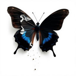 A black mariposa (butterfly) with striking blue accents, dramatically unraveling and almost melting