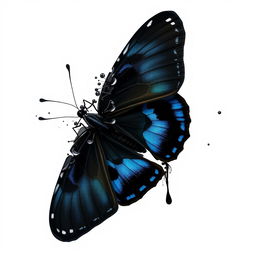 A black mariposa (butterfly) with striking blue accents, dramatically unraveling and almost melting