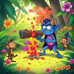 In a comical jungle scene, an amusing blue devil character, looking puzzled, is struggling to operate a large, whimsical weapon