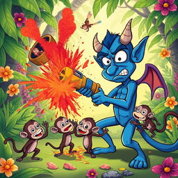 In a comical jungle scene, an amusing blue devil character, looking puzzled, is struggling to operate a large, whimsical weapon