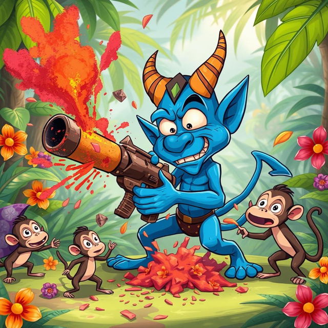 In a comical jungle scene, an amusing blue devil character, looking puzzled, is struggling to operate a large, whimsical weapon