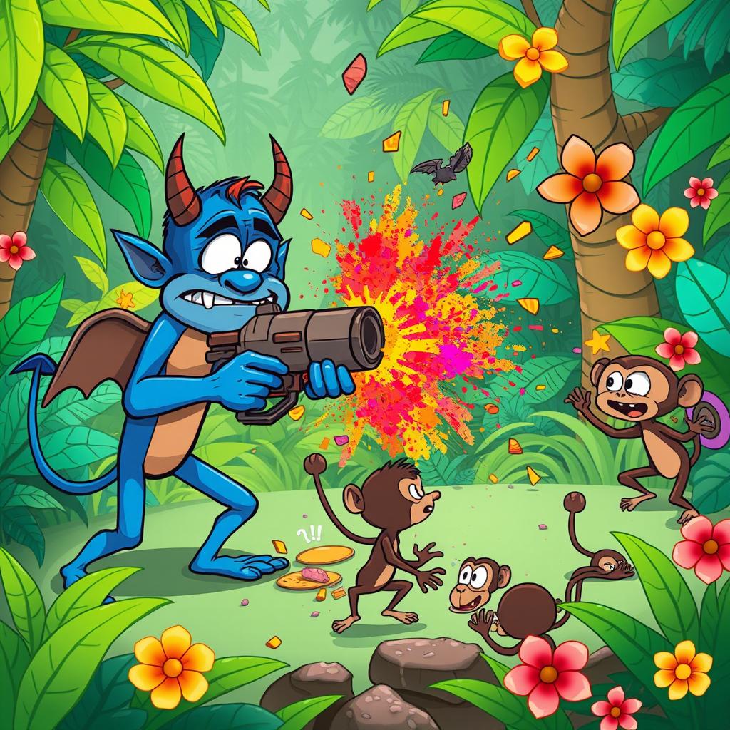 In a comical jungle scene, an amusing blue devil character, looking puzzled, is struggling to operate a large, whimsical weapon