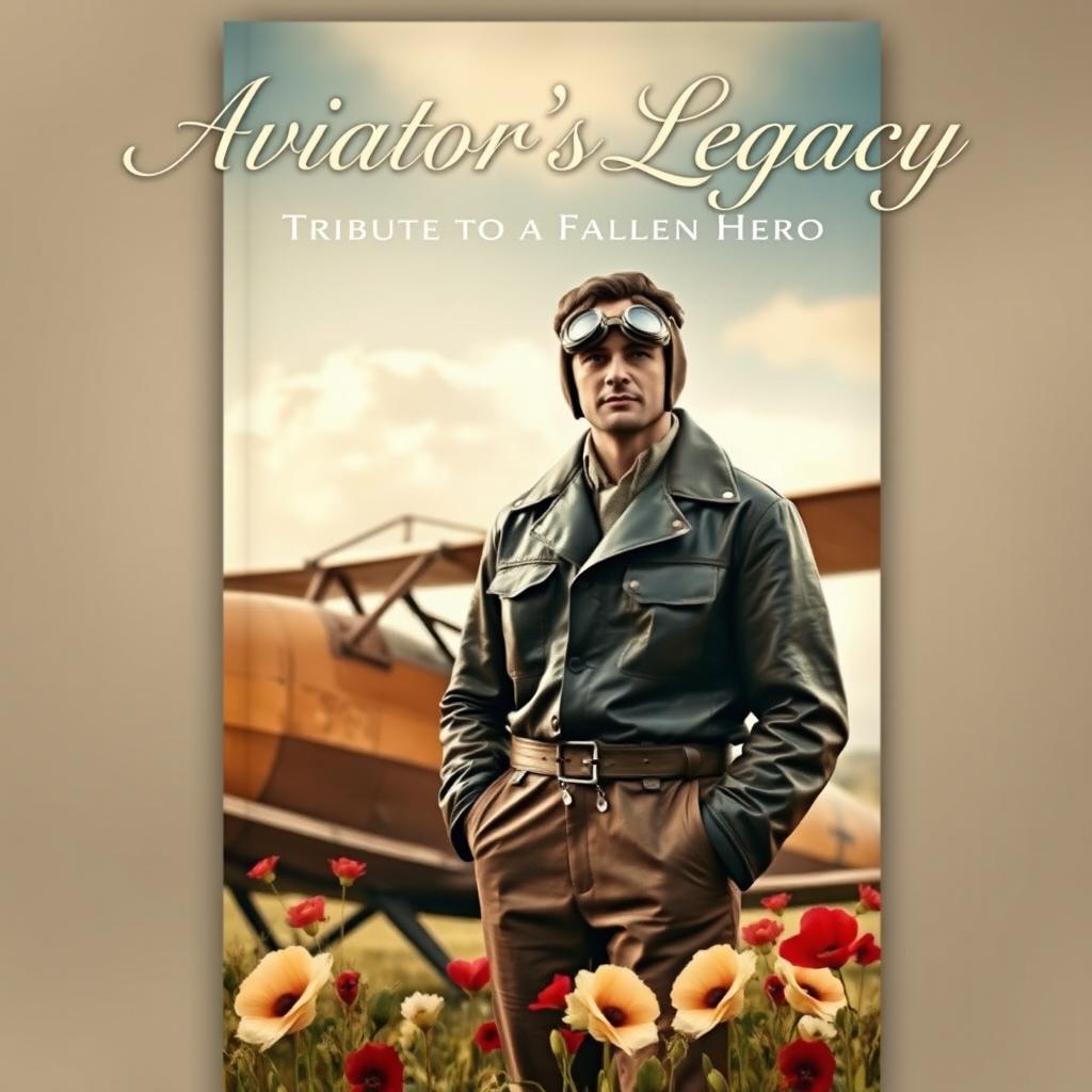 A heartfelt tribute magazine cover featuring a vintage aviator standing proudly next to his World War I bi-plane, dressed in a classic leather aviator jacket and goggles, with soft clouds in the background suggesting a serene sky