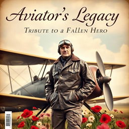 A heartfelt tribute magazine cover featuring a vintage aviator standing proudly next to his World War I bi-plane, dressed in a classic leather aviator jacket and goggles, with soft clouds in the background suggesting a serene sky