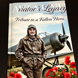 A heartfelt tribute magazine cover featuring a vintage aviator standing proudly next to his World War I bi-plane, dressed in a classic leather aviator jacket and goggles, with soft clouds in the background suggesting a serene sky