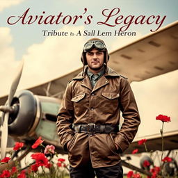 A heartfelt tribute magazine cover featuring a vintage aviator standing proudly next to his World War I bi-plane, dressed in a classic leather aviator jacket and goggles, with soft clouds in the background suggesting a serene sky