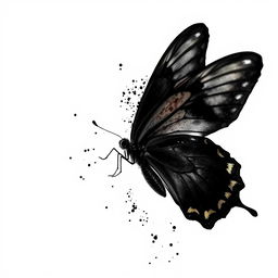 A black mariposa (butterfly) dramatically unravelling and almost melting, with black spores gently emanating from its wings, enhancing the visual of transformation