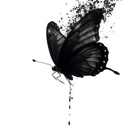 A black mariposa (butterfly) dramatically unravelling and almost melting, with black spores gently emanating from its wings, enhancing the visual of transformation