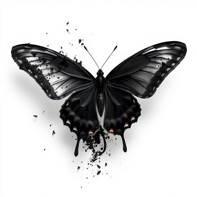 A black mariposa (butterfly) dramatically unravelling and almost melting, with black spores gently emanating from its wings, enhancing the visual of transformation