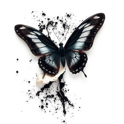 A black mariposa (butterfly) dramatically unravelling and almost melting, with black spores gently emanating from its wings, enhancing the visual of transformation