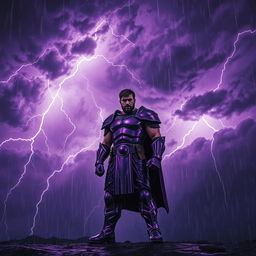 An inspiring scene depicting a lone strong hero standing confidently against a backdrop of a thunderous purple sky