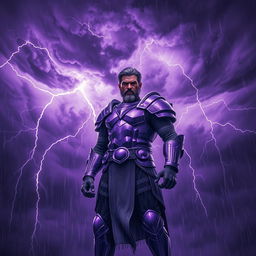 An inspiring scene depicting a lone strong hero standing confidently against a backdrop of a thunderous purple sky