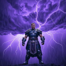 An inspiring scene depicting a lone strong hero standing confidently against a backdrop of a thunderous purple sky