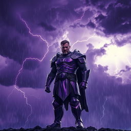 An inspiring scene depicting a lone strong hero standing confidently against a backdrop of a thunderous purple sky