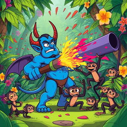 In a vibrant jungle setting, a strong blue devil character stands in a moment of confusion while holding a large, whimsical weapon