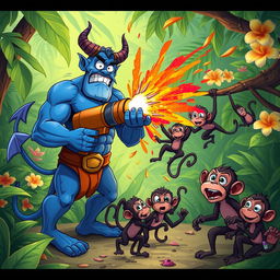 In a vibrant jungle setting, a strong blue devil character stands in a moment of confusion while holding a large, whimsical weapon