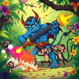 In a vibrant jungle setting, a strong blue devil character stands in a moment of confusion while holding a large, whimsical weapon