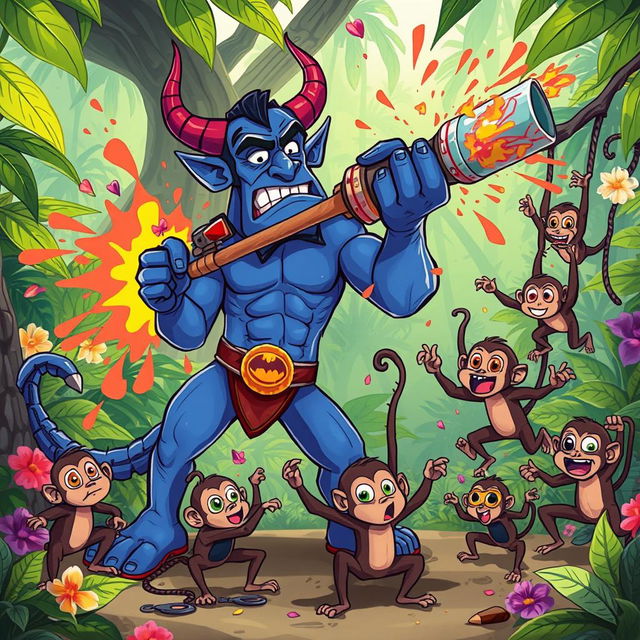 In a vibrant jungle setting, a strong blue devil character stands in a moment of confusion while holding a large, whimsical weapon