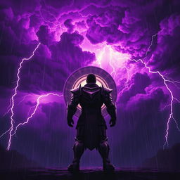 A visually striking scene featuring a lone strong hero standing boldly in front of a swirling thunderstorm