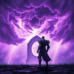 A visually striking scene featuring a lone strong hero standing boldly in front of a swirling thunderstorm