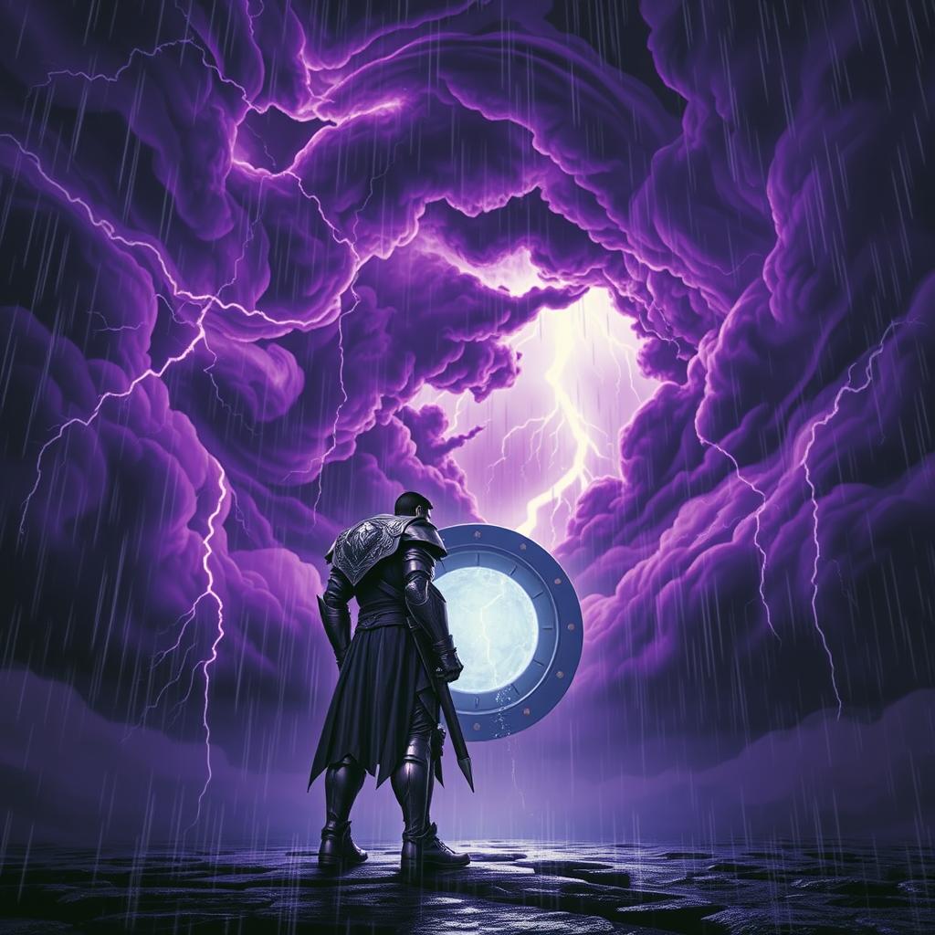 A visually striking scene featuring a lone strong hero standing boldly in front of a swirling thunderstorm