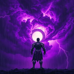 A visually striking scene featuring a lone strong hero standing boldly in front of a swirling thunderstorm