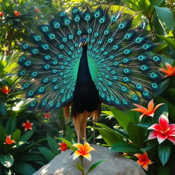 A magnificent black peacock displaying its stunning feathers in full bloom, surrounded by lush greenery and vibrant tropical flowers