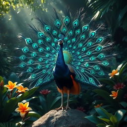 A magnificent black peacock displaying its stunning feathers in full bloom, surrounded by lush greenery and vibrant tropical flowers