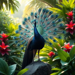 A magnificent black peacock displaying its stunning feathers in full bloom, surrounded by lush greenery and vibrant tropical flowers