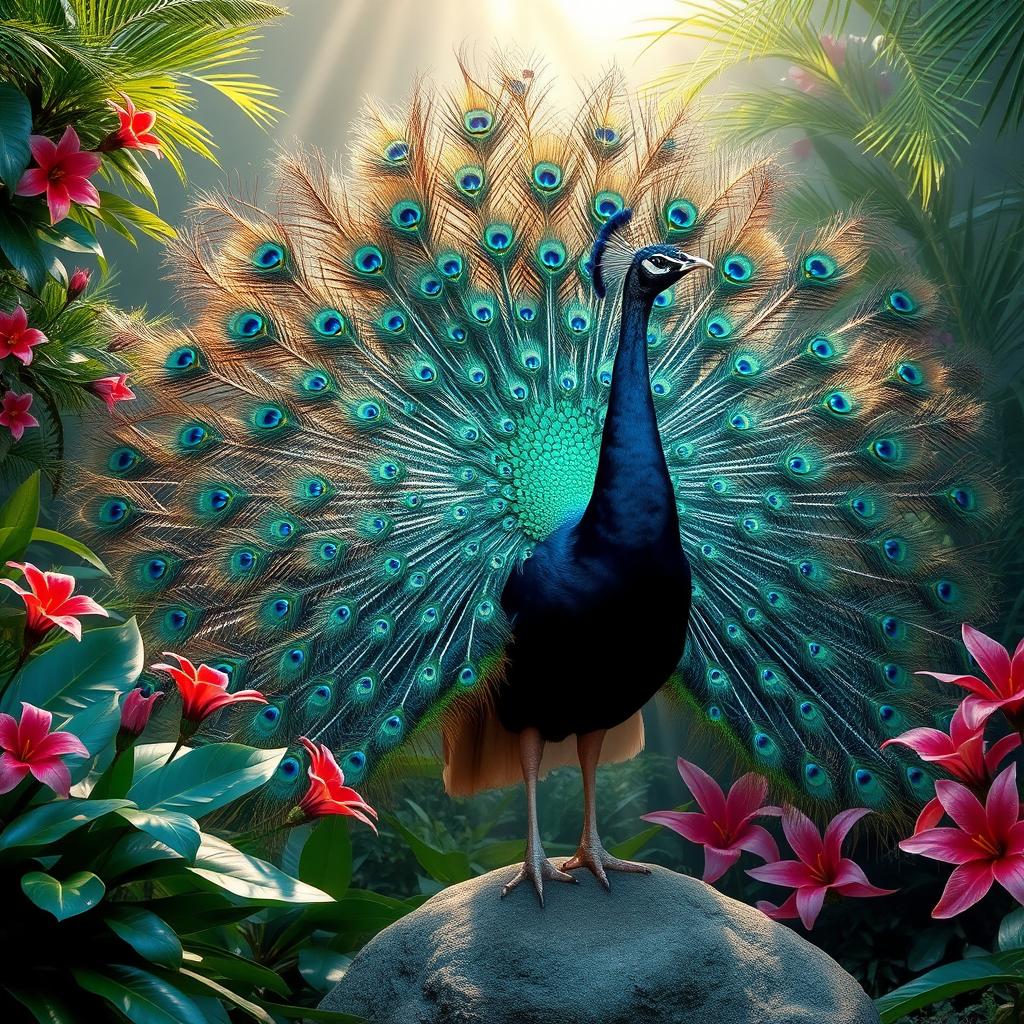 A magnificent black peacock displaying its stunning feathers in full bloom, surrounded by lush greenery and vibrant tropical flowers