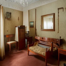 A well-preserved heritage room filled with antique furniture, vintage wallpapers, and various historical artifacts that exude old-world charm.