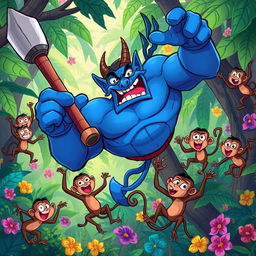 In a whimsical jungle setting, a strong blue devil character is depicted mid-fall, holding a large and humorous weapon in his hand