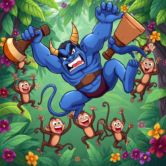 In a whimsical jungle setting, a strong blue devil character is depicted mid-fall, holding a large and humorous weapon in his hand